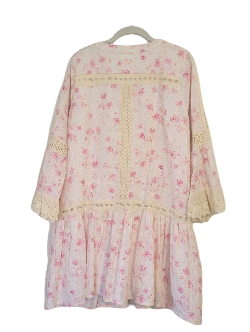 Embroidered Drop Waist Dress Eyelet Boho Floral Bell Sleeve Cottage Cream SIze L - Picture 9 of 15